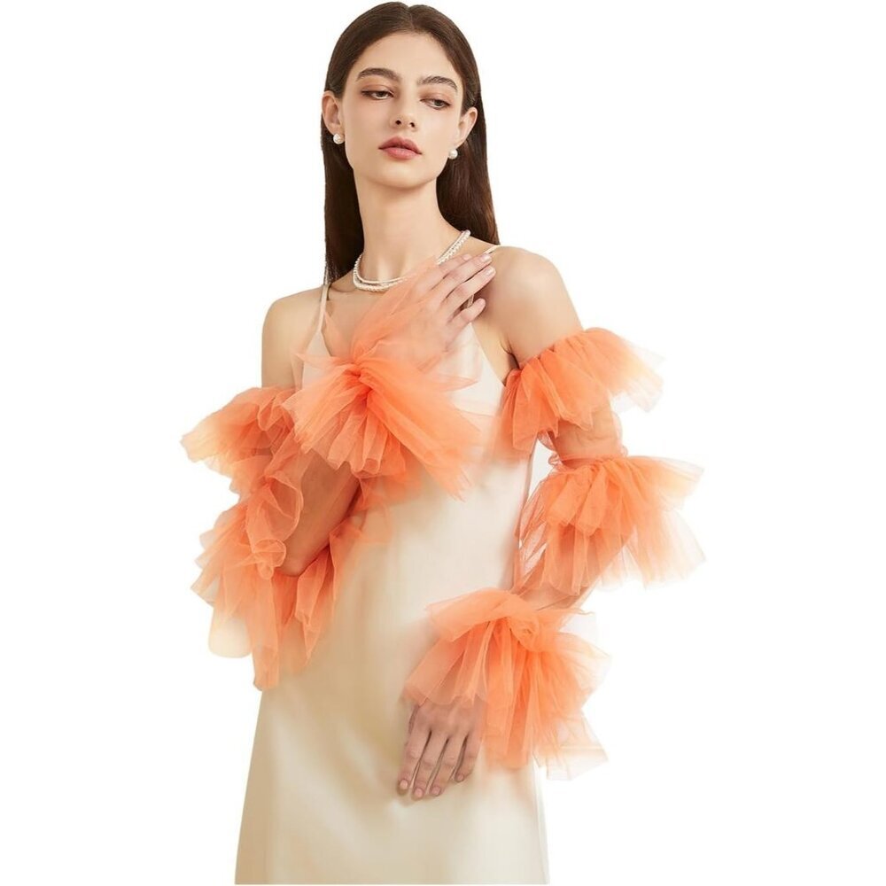 Women's Orange Satin Tulle  Ruffled Puff Long Gloves Banquet Wedding Party